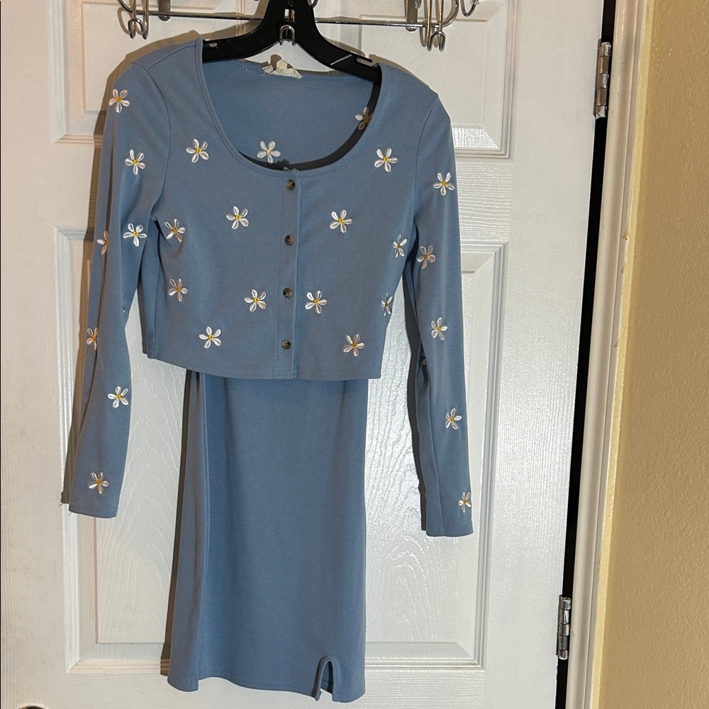 Blue Floral Dress with Cardigan